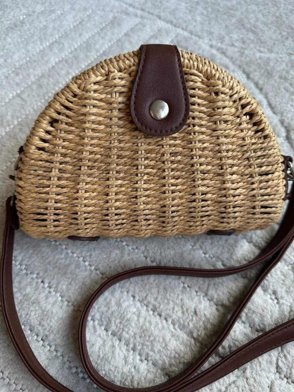 White House Black Market Woven Paper Straw Half Moon Crossbody Bag Brown